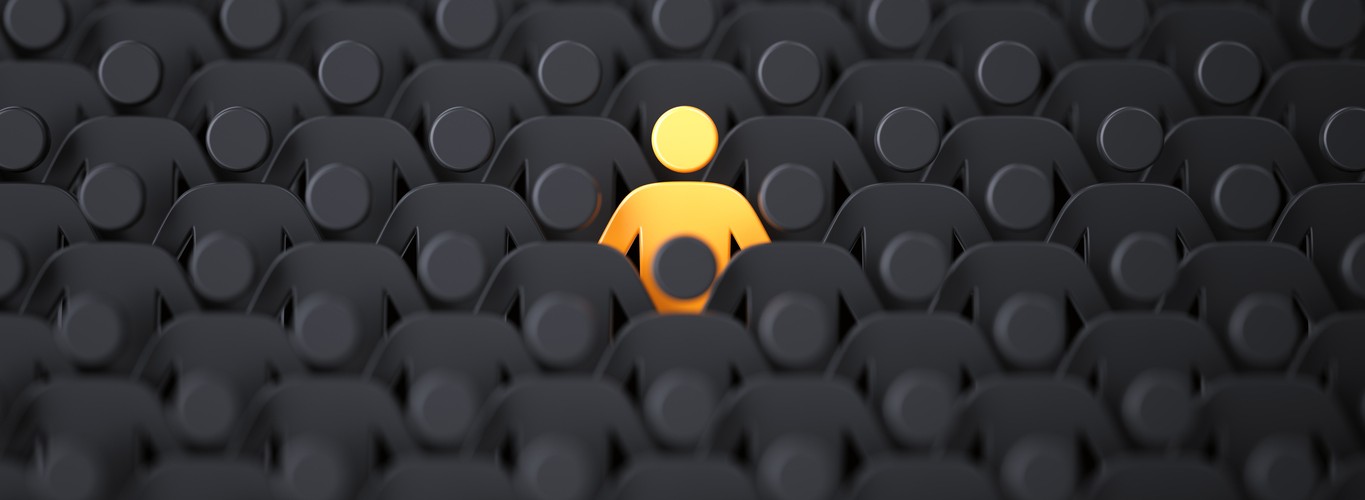 Unique color yellow human shape among dark ones. Leadership, individuality and standing out of crowd concept. 3D illustration